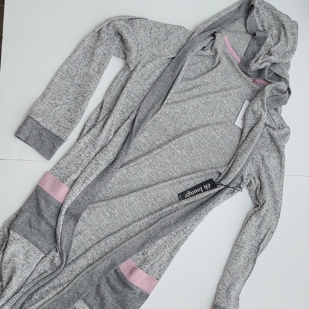 La Vie en Rose Open Front Hooded Cardigan Heathered Grey Pin Pockets Size XS / S - Picture 10 of 14